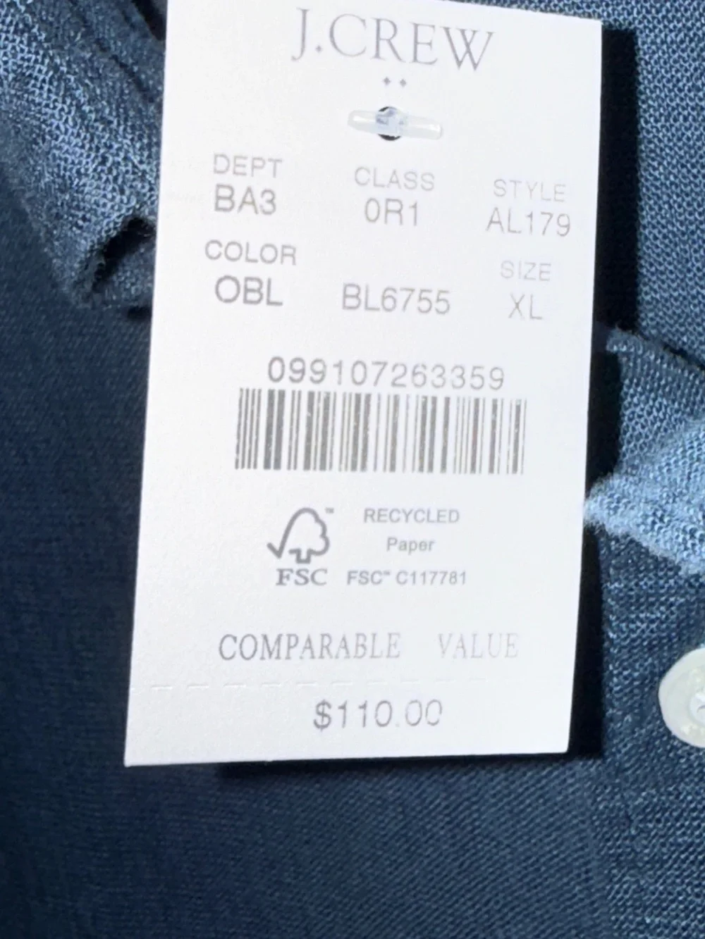 NWT J. Crew Men’s Deep Tealish Blue Linen Blend Button-Down Shirt-XL